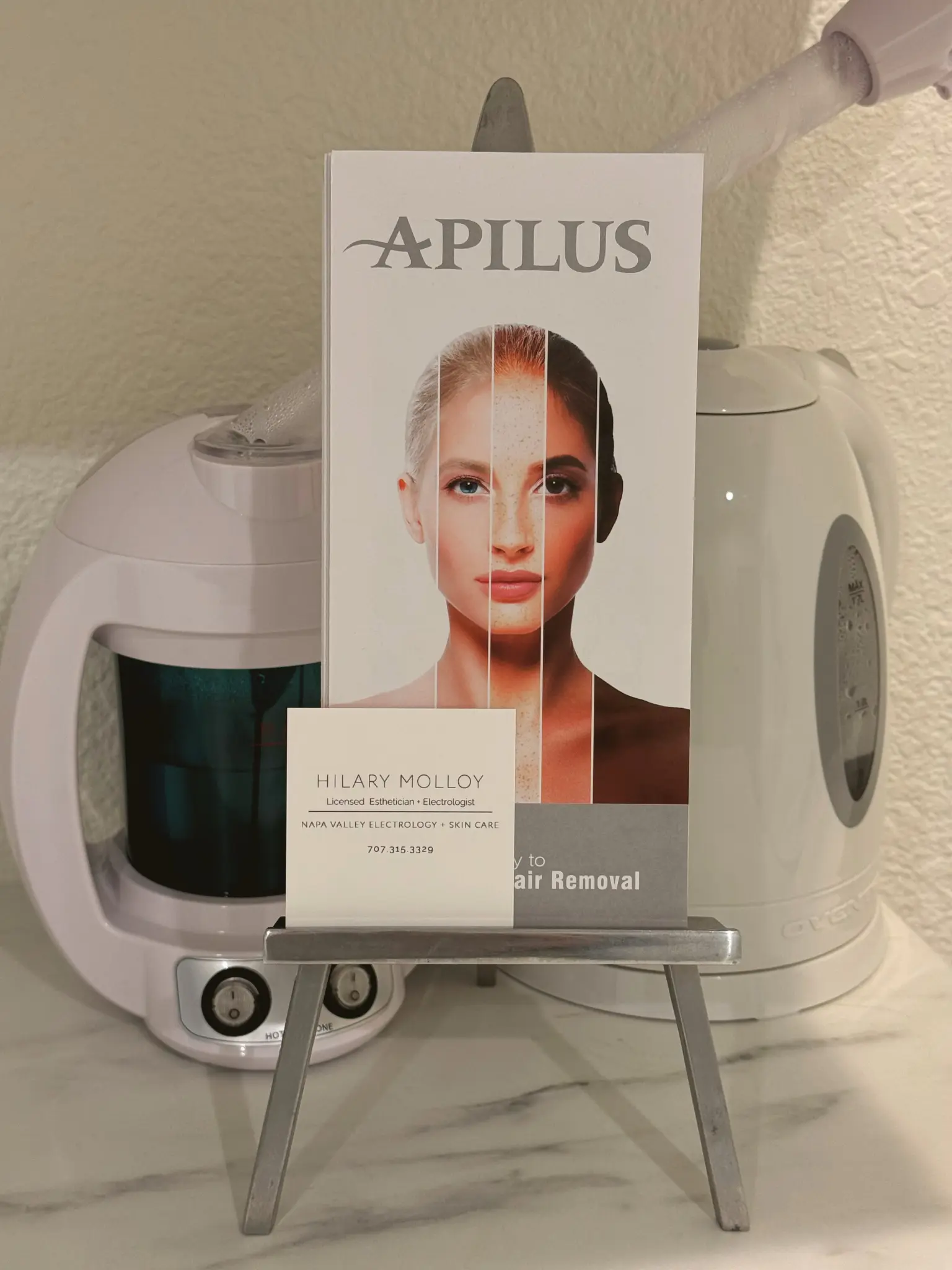 Apilus Pro Electrology Marketing Card, the standard in 100% permanent hair removal.